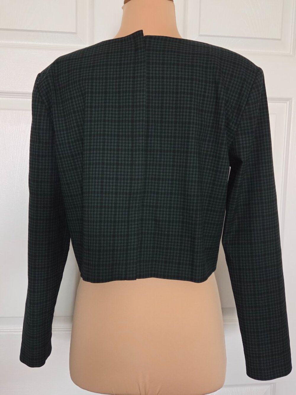Ann Taylor Dark Green Plaid Long-Sleeve Cropped Jacket Blouse - Picture 5 of 16